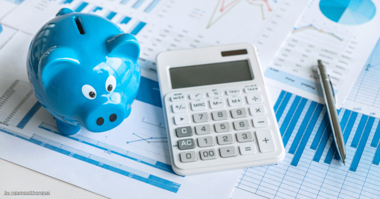 Difference between salary account and savings account – savings concept with piggy bank, calculator, and financial charts.